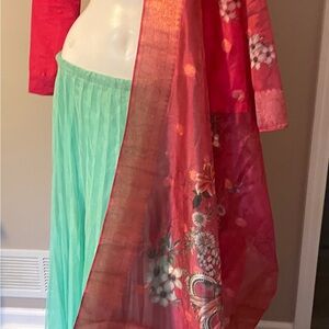 Vibrant Red with hot pink look on Floral Scarf with Teal Skirt